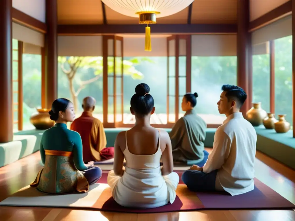 Un grupo en meditación asiática en un espacio sereno, iluminado por luz natural