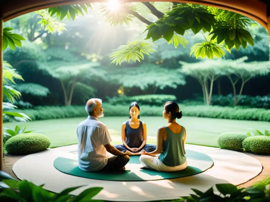 Meditación en jardín asiático: serenidad y conexión espiritual Un grupo en meditación en un jardín asiático, transmitiendo paz y serenidad