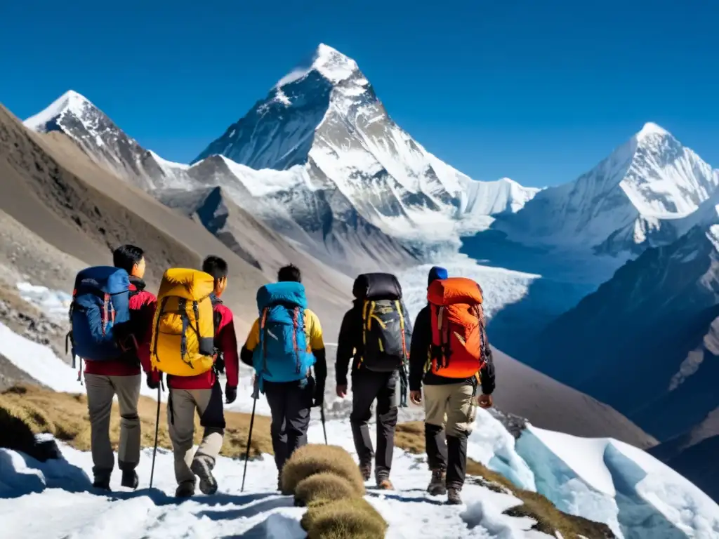 Un grupo de MBA asiáticos superando desafíos, escalando el Everest en equipo, reflejando determinación y espíritu de superación