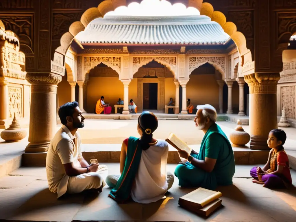 Un grupo de astrología asiática influencias Valle Indo revive la tradición en un antiguo patio con discusiones y textos antiguos