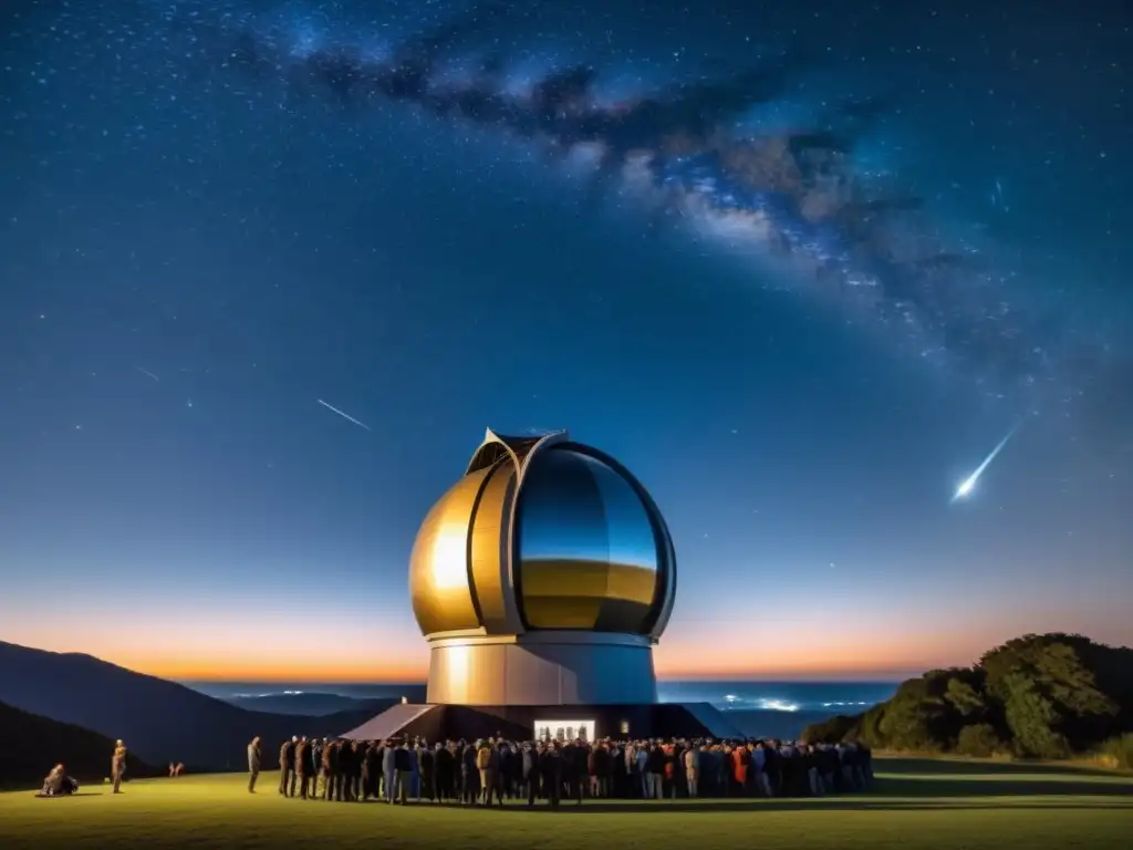 Un grupo de astrónomos se reúne alrededor de un telescopio bajo un cielo estrellado, creando un ambiente de Encuentros entre Jainismo y Ciencia