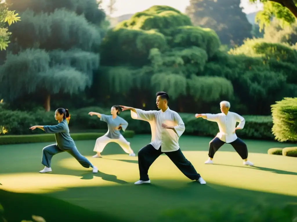 Un grupo practica Tai Chi al atardecer en un jardín sereno, evocando la influencia asiática en fitness