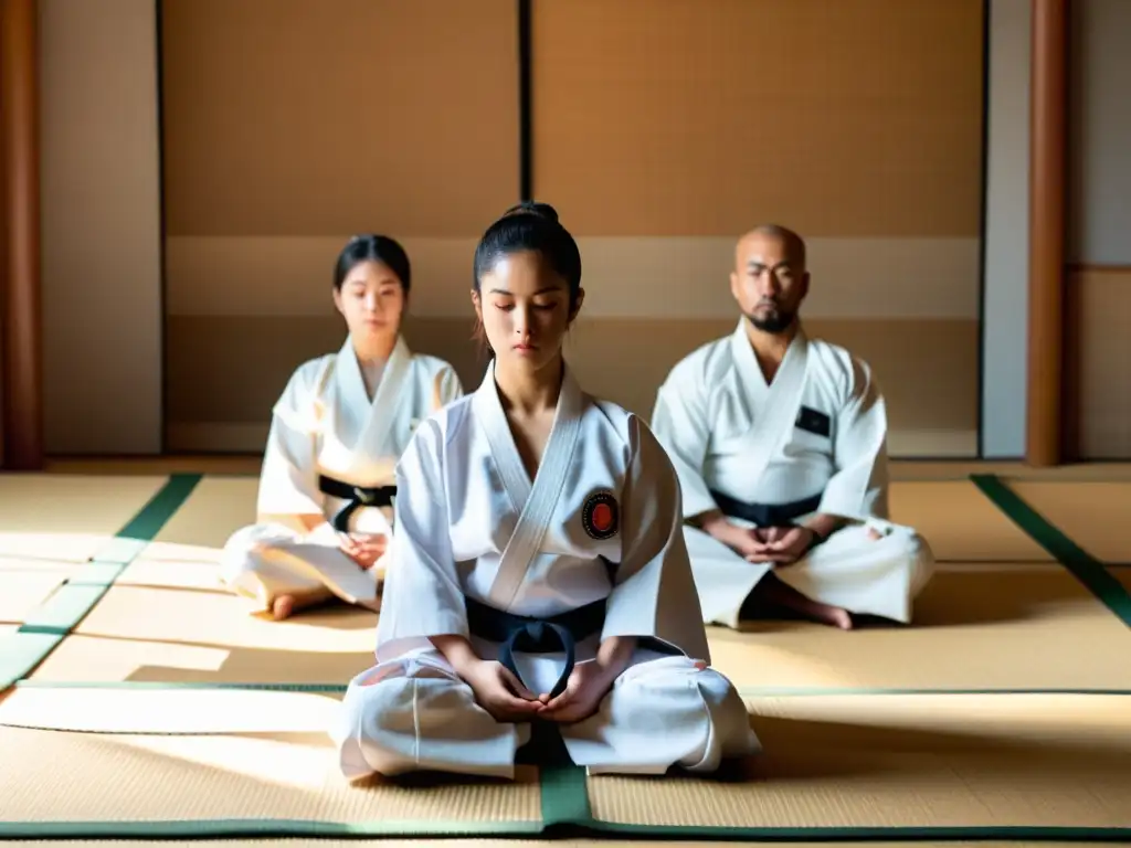 Grupo de atletas de karate de élite meditando en tatami japonés, creando un ambiente sereno y enfocado