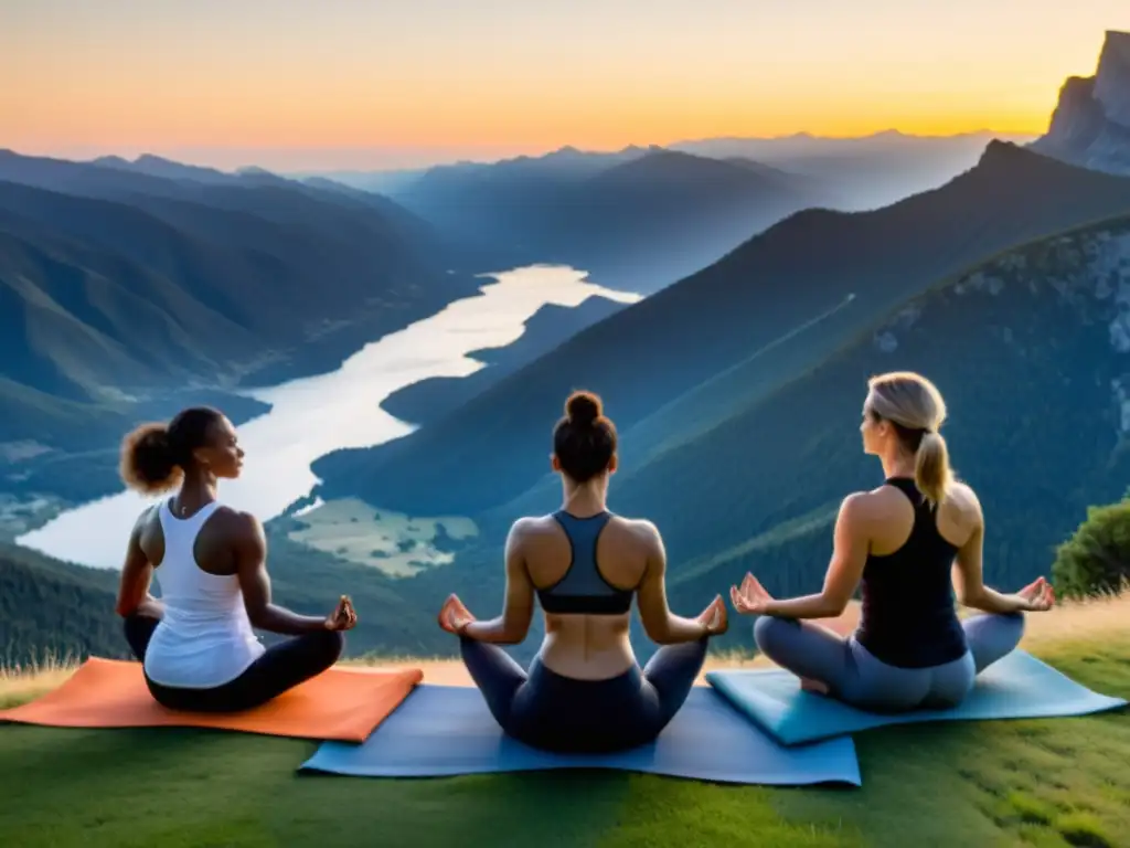 Grupo de atletas profesionales practicando yoga al amanecer en la cima de una montaña, mejora rendimiento atletas con yoga