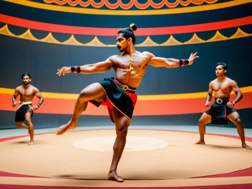 Grupo practicando Kalaripayattu en atuendo tradicional, demostrando movimientos ágiles y precisos