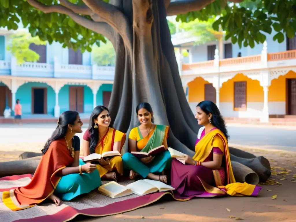 Un grupo de autores indie de la India inexplorada se reúnen bajo un árbol baniano, rodeados de coloridos saris y textiles tradicionales