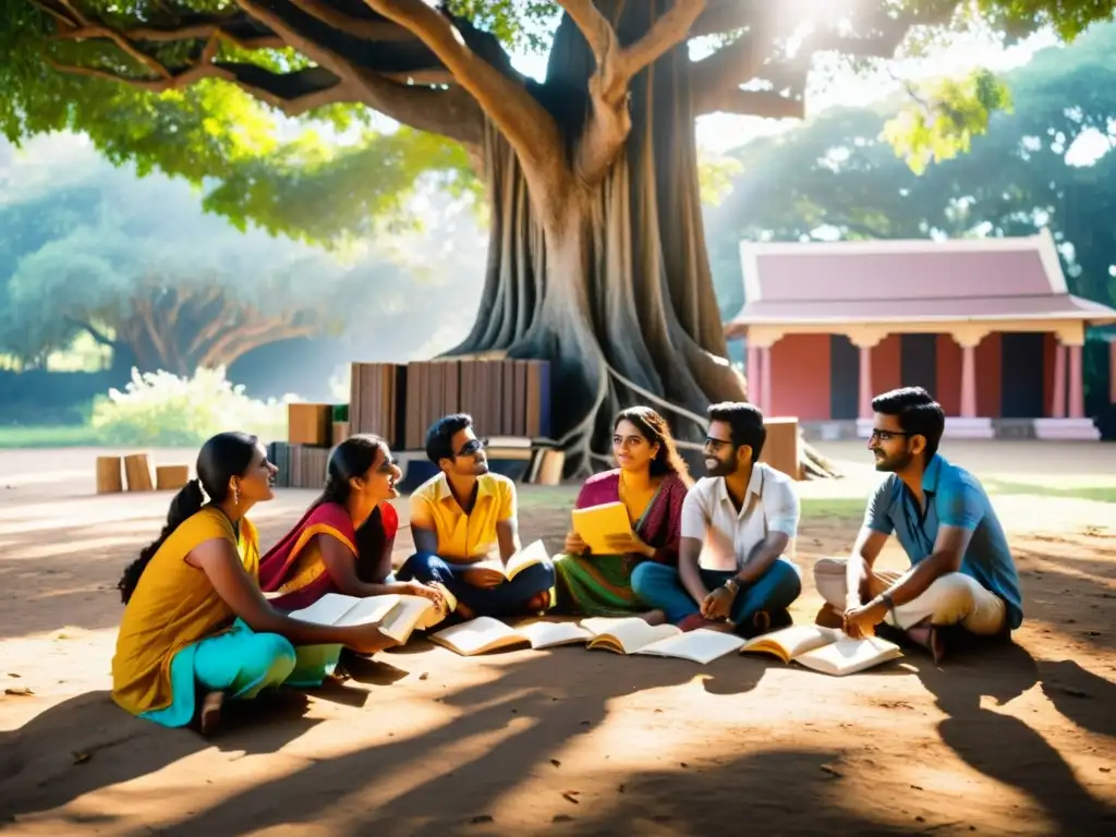 Grupo de autores indie de la India inexplorada debatiendo bajo un árbol banyan con libros y notas, en un escenario culturalmente rico y vibrante