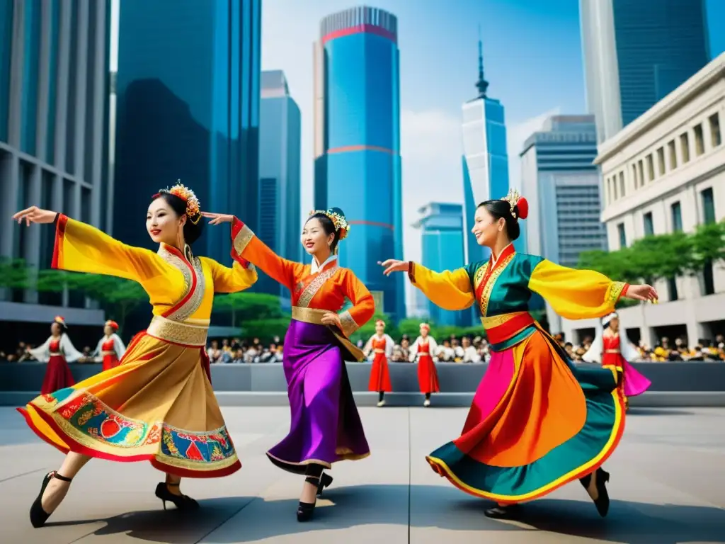 Danza tradicional asiática en la ciudad: Preservación cultural vs Un grupo de bailarines asiáticos tradicionales, con trajes vibrantes y ornamentados, danzando graciosamente en una ciudad moderna