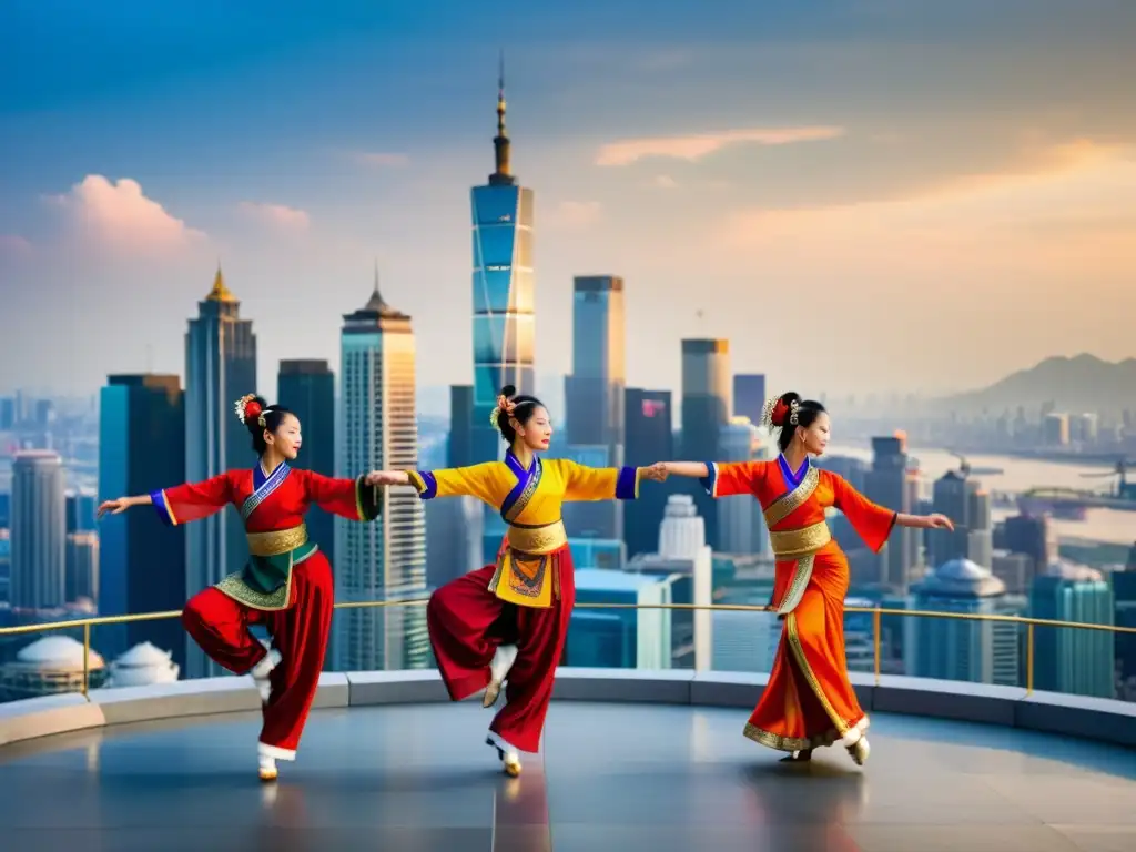 Danza asiática tradicional en la ciudad moderna Grupo de bailarines asiáticos en trajes vibrantes realizando una rutina sincronizada en la ciudad, capturando la delicada interacción entre tradiciones asiáticas y el impacto de la modernización