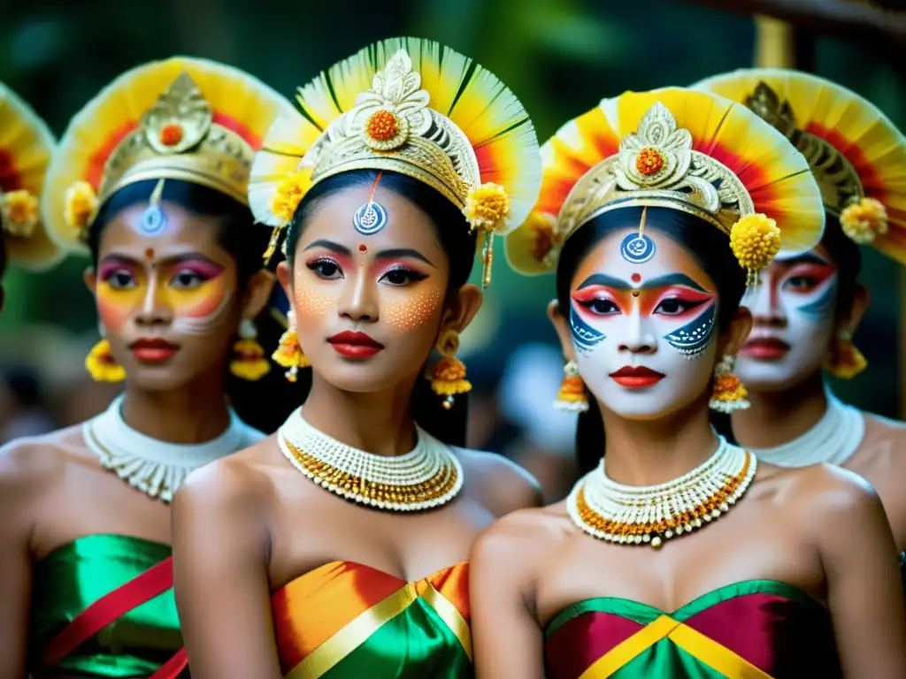 Grupo de bailarines balineses con trajes ceremoniales de los dioses en Bali, deslumbrantes y llenos de color en plena actuación