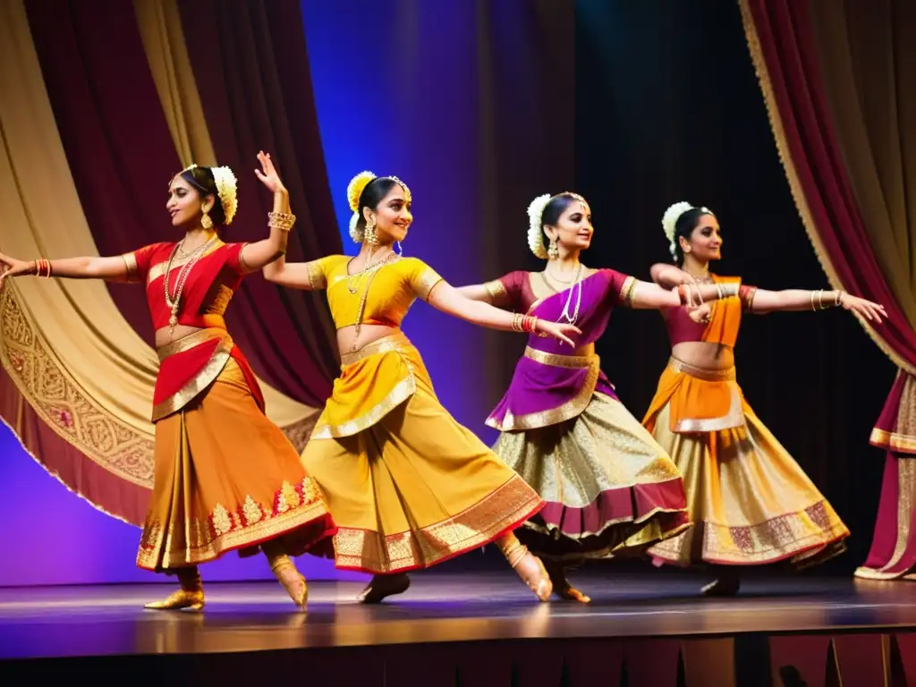 Grupo de bailarines clásicos de la India en un escenario con trajes tradicionales vibrantes, expresando filosofía divina a través de movimientos y gestos, mientras el público observa con reverencia y admiración