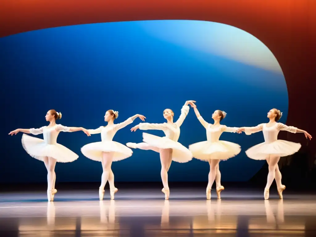 Grupo de bailarines contemporáneos del ballet ruso, en escenario soleado y vestidos con trajes tradicionales, expresan la filosofía del sistema ruso en el cuerpo con movimientos gráciles y precisos