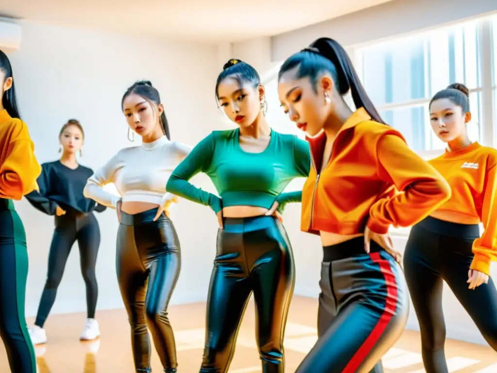 Un grupo de bailarines de KPop practicando coreografías en un estudio iluminado, mostrando el intenso proceso creativo de producción de KPop