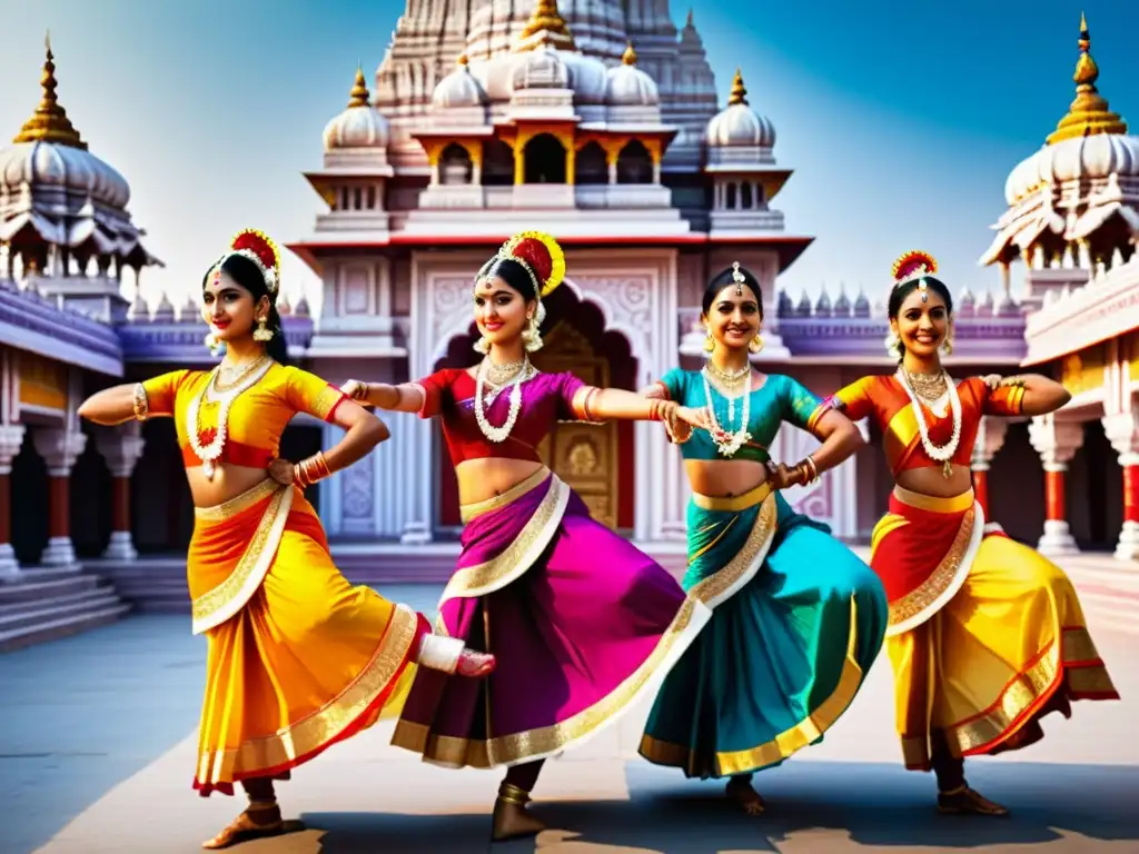 Un grupo de bailarines de danza clásica india representando escenas de la mitología hindú con trajes vibrantes y expresiones fascinantes