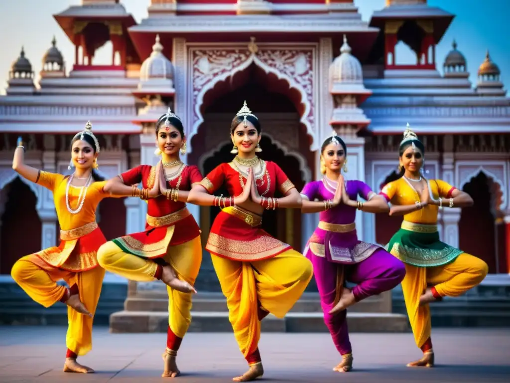 Grupo de bailarines de danza clásica hindú, con trajes ornamentados, realizando mudras y expresiones faciales