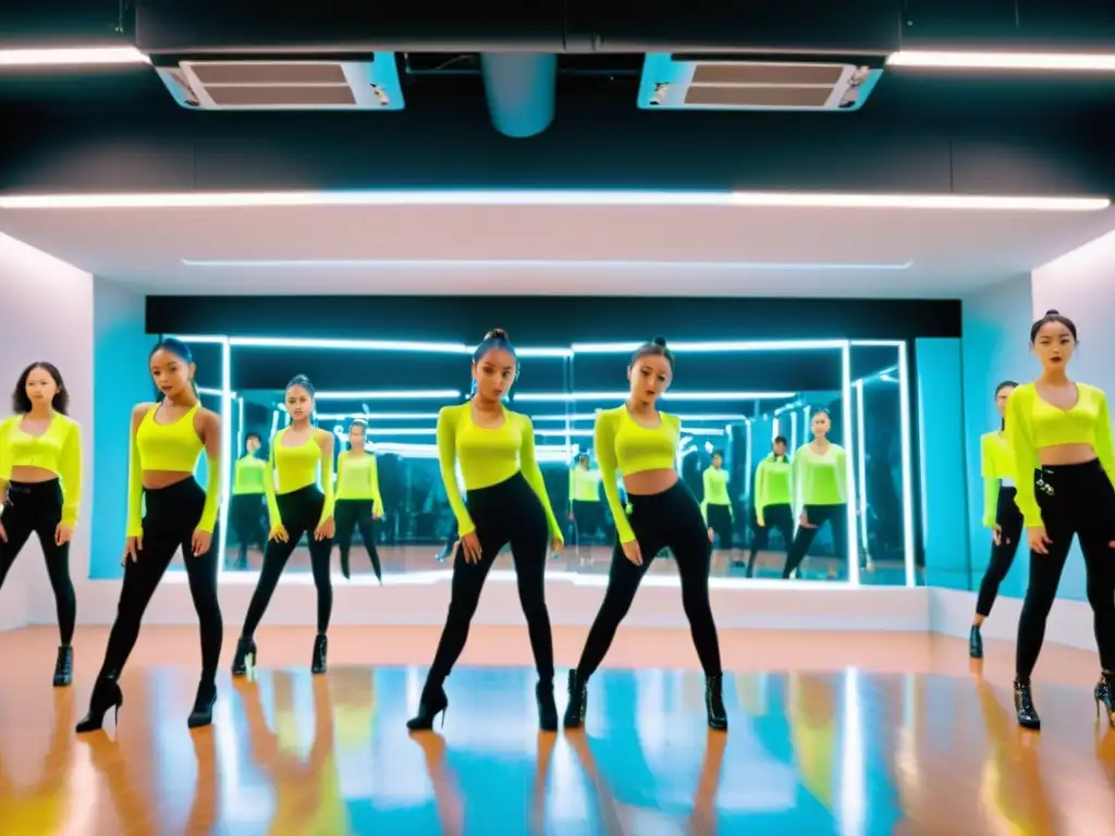 Grupo de bailarines KPop en estudio de baile, con enfoque y precisión en coreografías