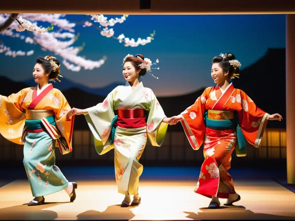 Grupo de bailarines japoneses en kimonos vibrantes realizando la danza del Matsuri Gion en un escenario decorado con cerezos en flor, iluminado por suaves lámparas de papel