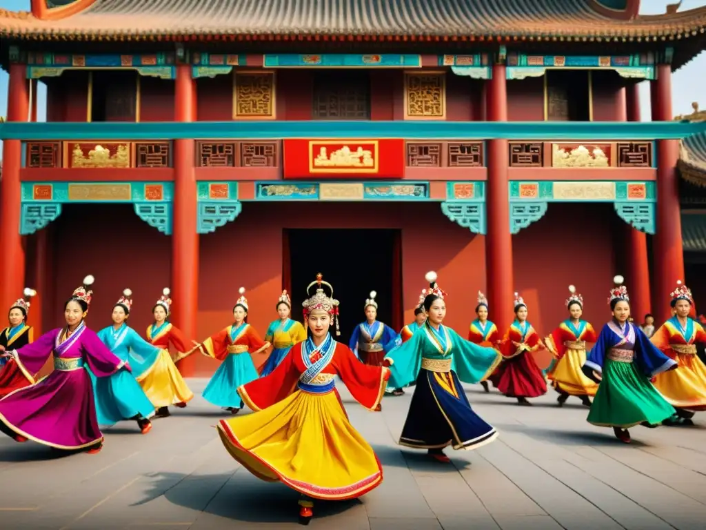 Grupo de bailarines de minorías étnicas en las dinastías chinas, danzando con trajes vibrantes frente a una arquitectura antigua y espectadores