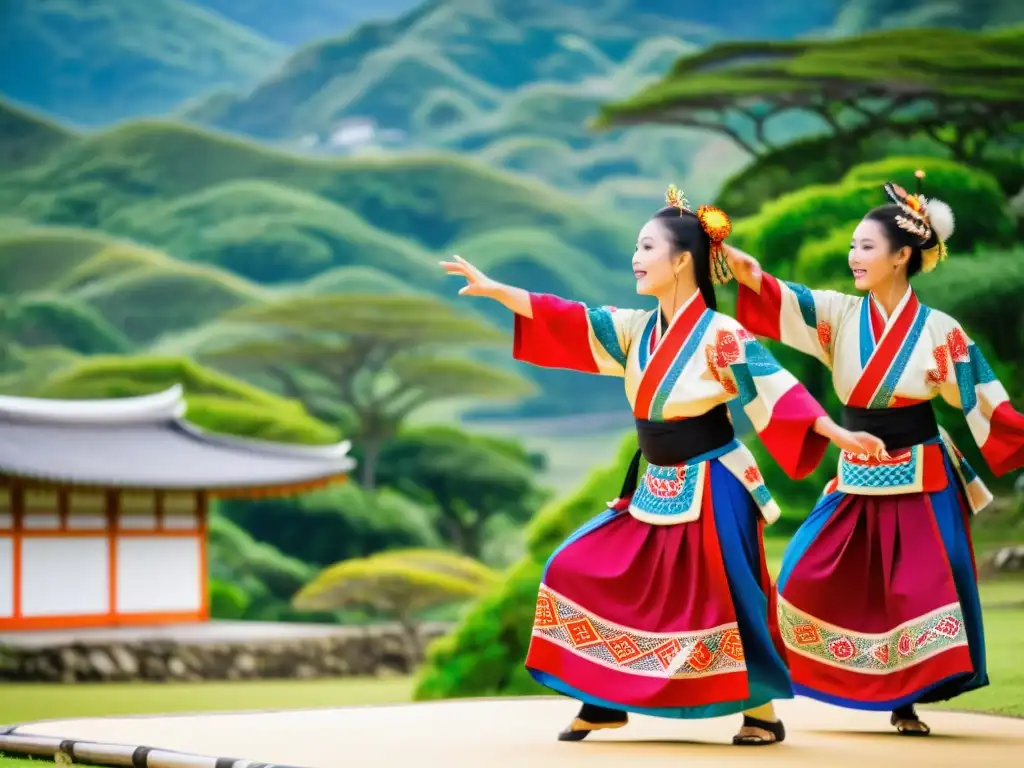 Grupo de bailarines Ryukyu ejecutando danza tradicional, vistiendo trajes vibrantes y expresando orgullo cultural