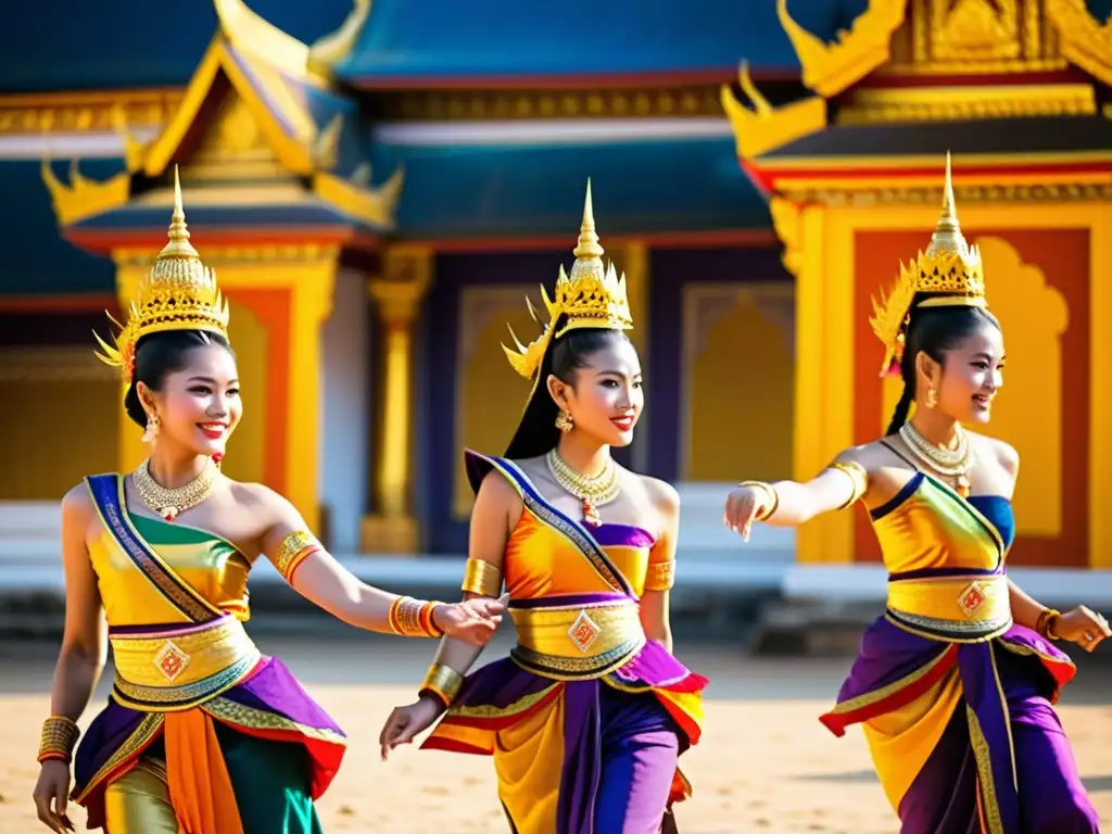 Un grupo de bailarines tradicionales del reino de Lanna danza en trajes coloridos frente a un majestuoso templo antiguo en Tailandia