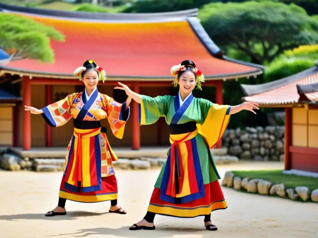 Grupo de bailarines con trajes coloridos realizando una danza tradicional en Okinawa, mostrando la belleza natural y cultural de Okinawa