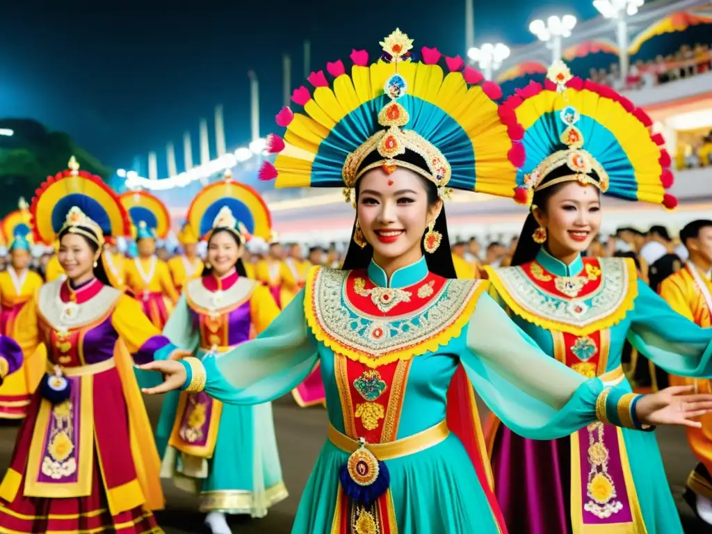 Grupo de bailarines con trajes tradicionales en el vibrante Festival Chingay Parade en Singapur