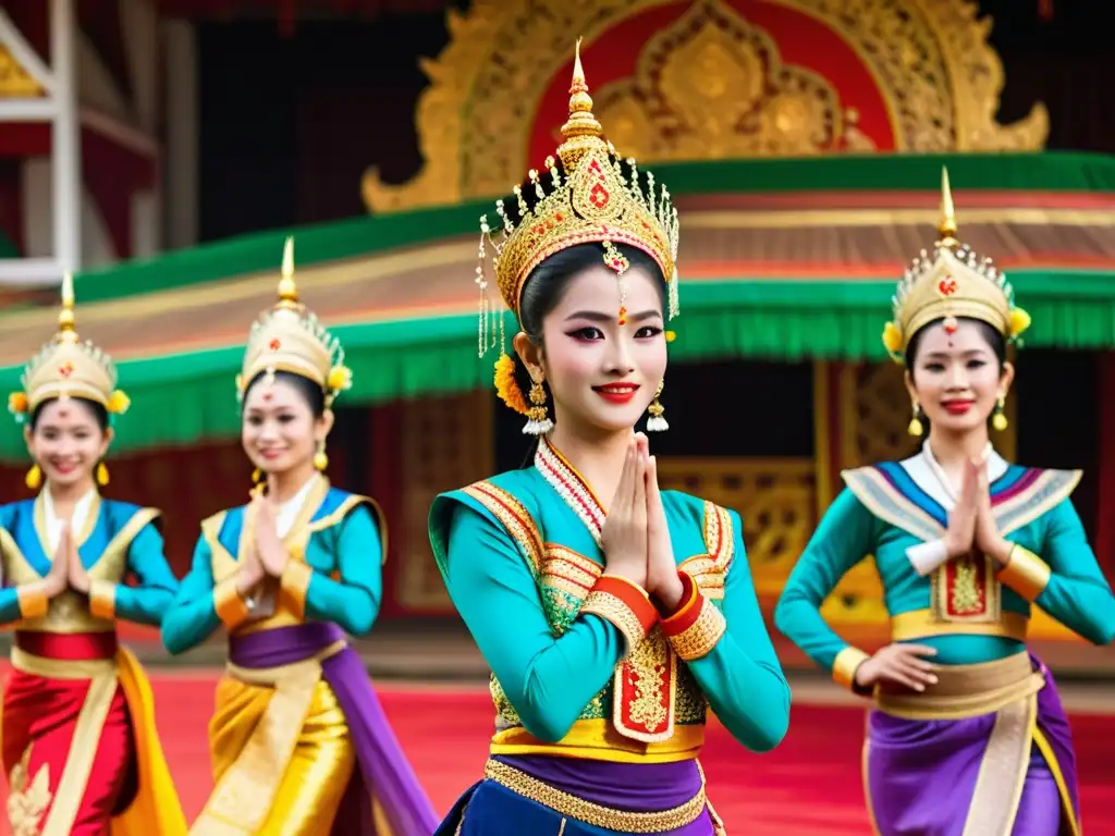 Grupo de bailarines Lanna con trajes vibrantes en una actuación, capturando el arte tradicional del reino de Lanna