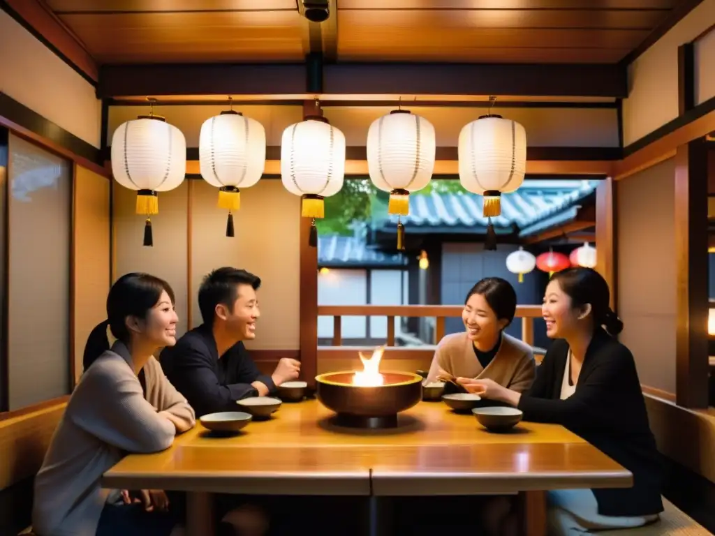 Grupo disfruta de Bonenkai en izakaya japonés, brindando con sake y compartiendo platos, ambiente cálido y camaradería