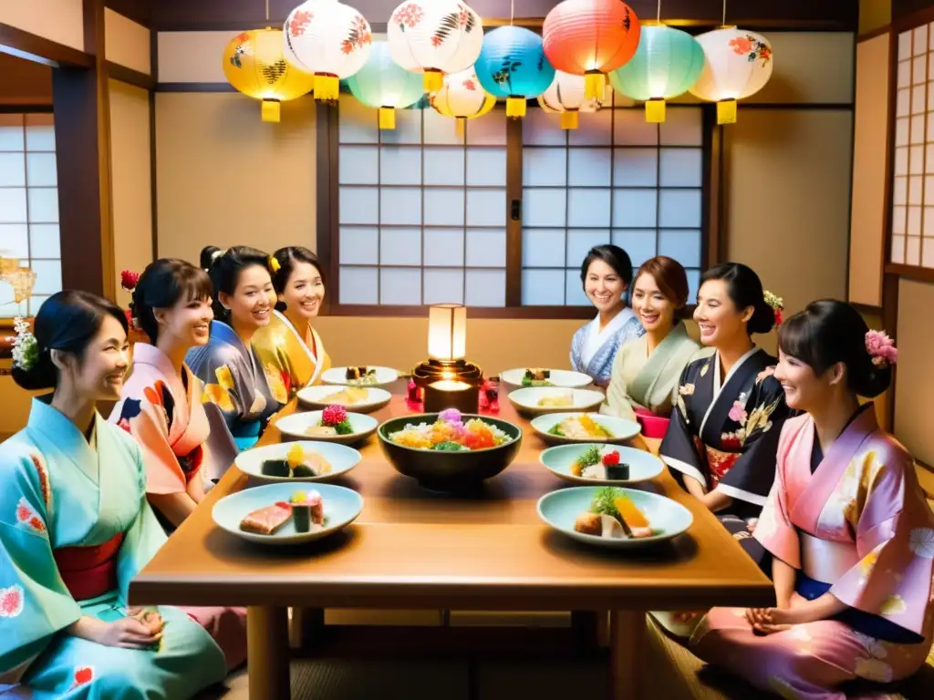 Un grupo disfruta un Bonenkai japonés: yukatas, comida colorida y risas bajo faroles de papel