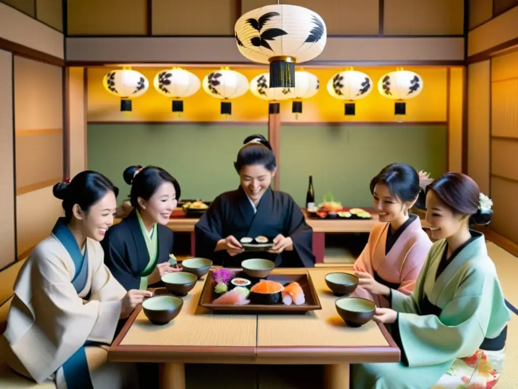 Grupo celebrando Bonenkai: tradición japonesa olvidar año con sushi, sake y ambiente festivo en sala tatami iluminada por faroles de papel