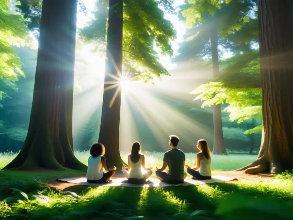 Grupo en meditación mindfulness en un bosque sereno, iluminado por rayos de sol, en contraste con la sociedad actual