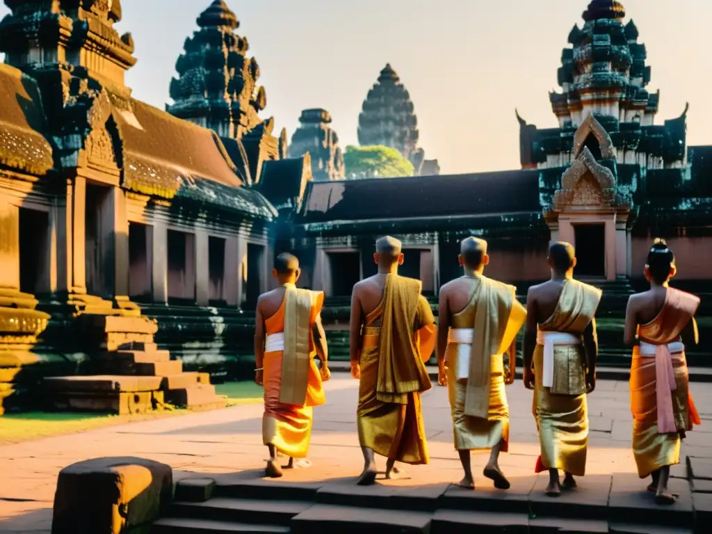 Un grupo de Brahmanes y Sacerdotes llevando a cabo un ritual religioso en Angkor Wat, destacando la solemnidad y significado espiritual