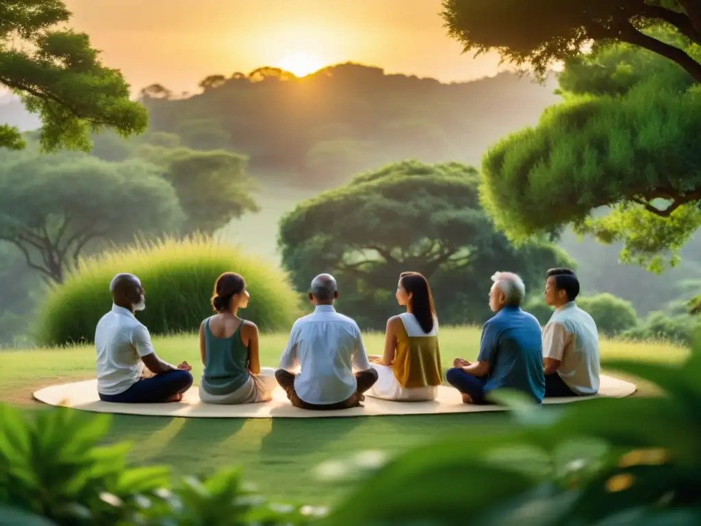 Grupo en meditación, adaptación del Budismo en Occidente, en un entorno natural y sereno al atardecer