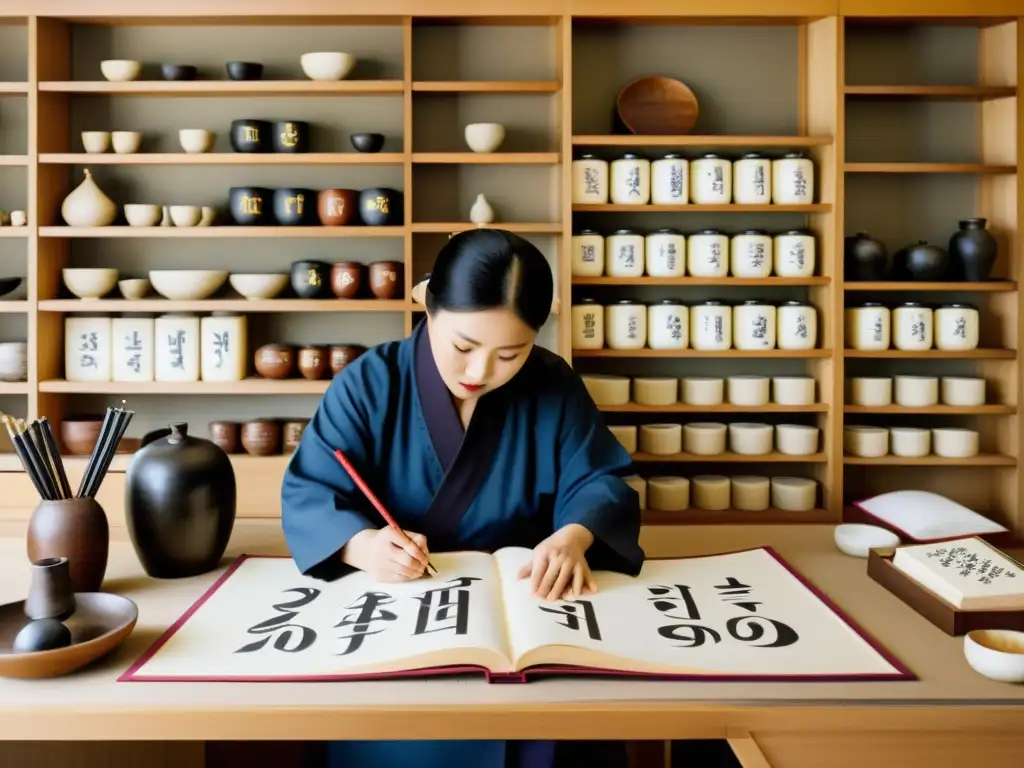 Un grupo de calígrafos coreanos modernos dedicados a preservar el Hangul, rodeados de textos históricos y artefactos