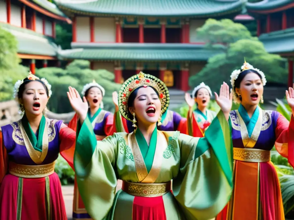 Grupo de cantantes asiáticos con trajes vibrantes, cantando con pasión en un entorno tradicional