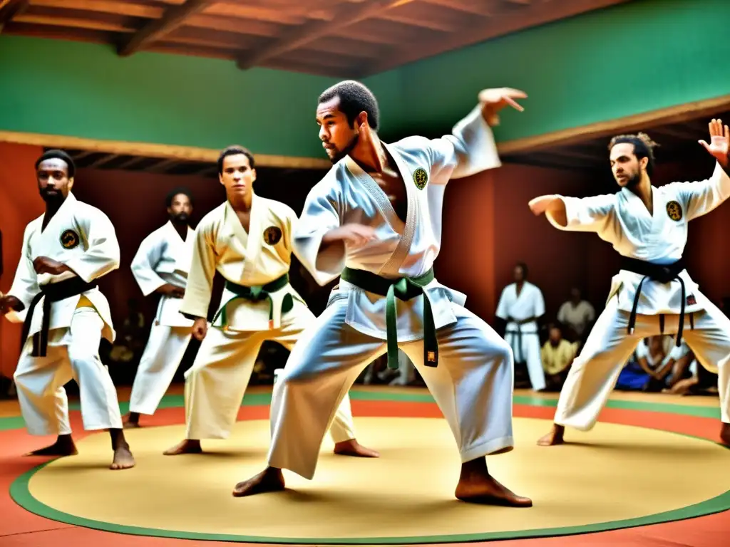 Grupo de capoeiristas en una roda, mostrando la energía vibrante y movimientos acrobáticos de la historia de la Capoeira en Brasil