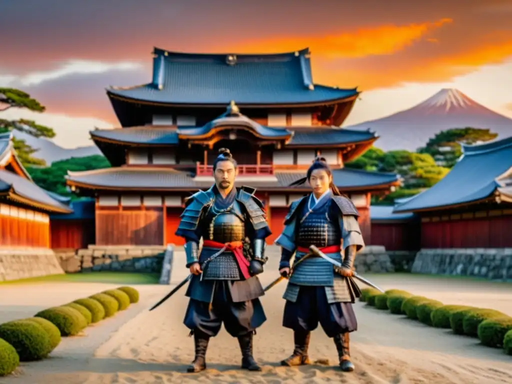 Un grupo de ronin contempla el castillo japonés al atardecer, reflejando la historia samuráis japoneses guerreros con honor y resiliencia