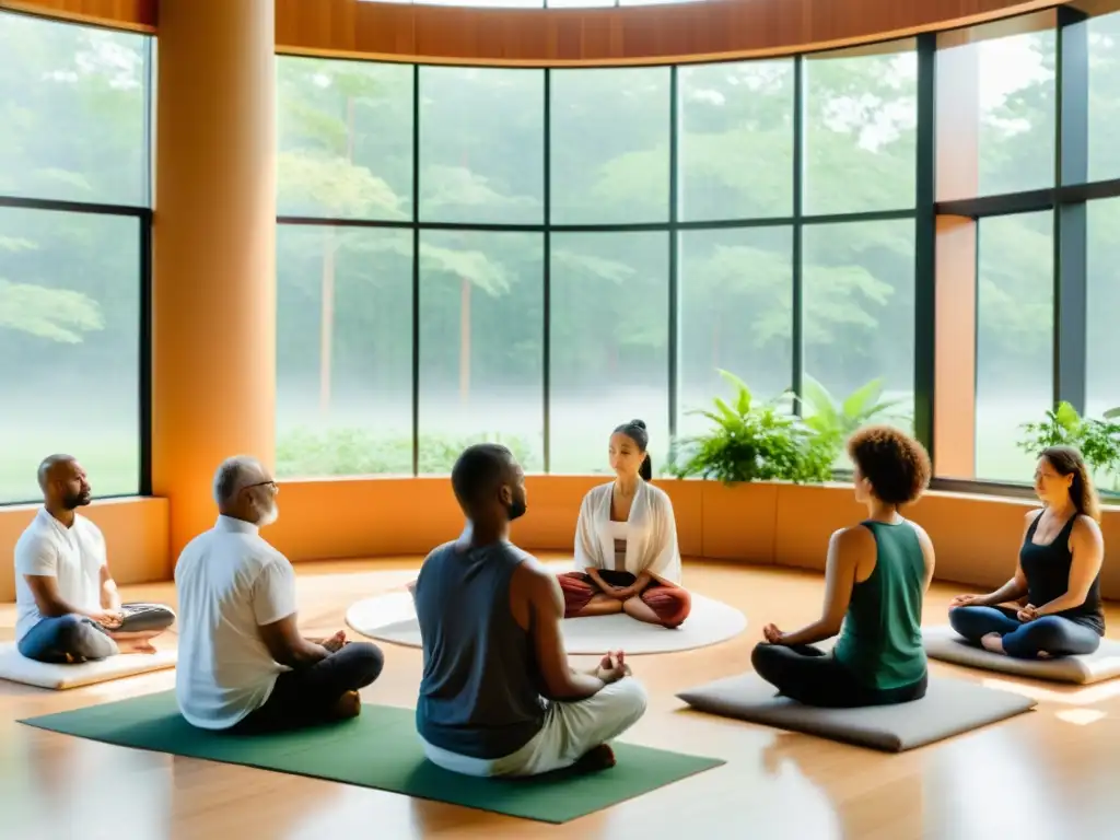 Un grupo meditando en un centro moderno con luz natural y vegetación exuberante, reflejando nuevas formas de práctica budista