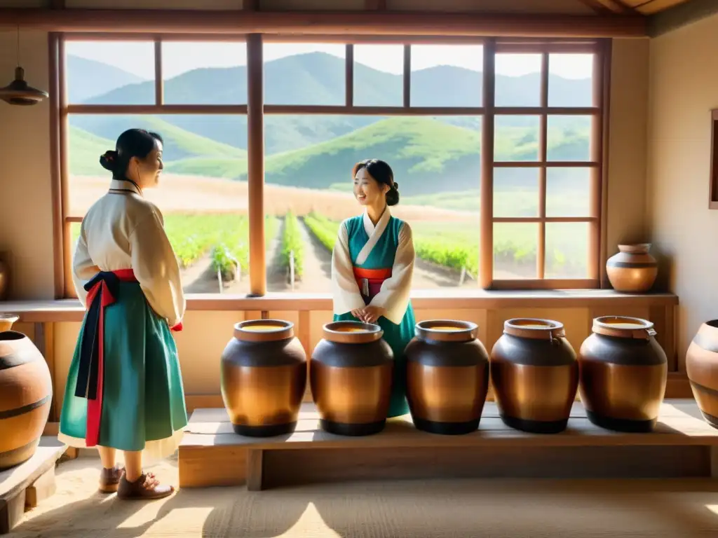 Un grupo de cerveceros coreanos tradicionales en una antigua destilería de madera, atendiendo las jaras de makgeolli fermentando