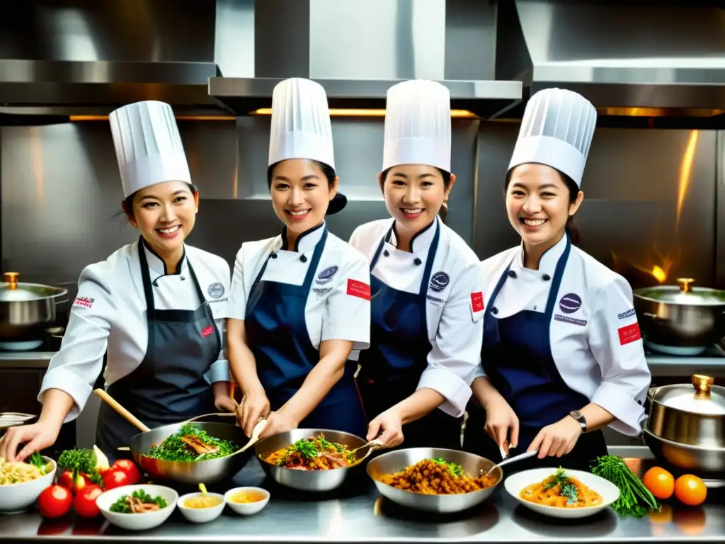 Grupo de chefs celebridades mujeres culinaria asiática preparando con pasión sus platillos firmas en cocinas vibrantes y tradicionales