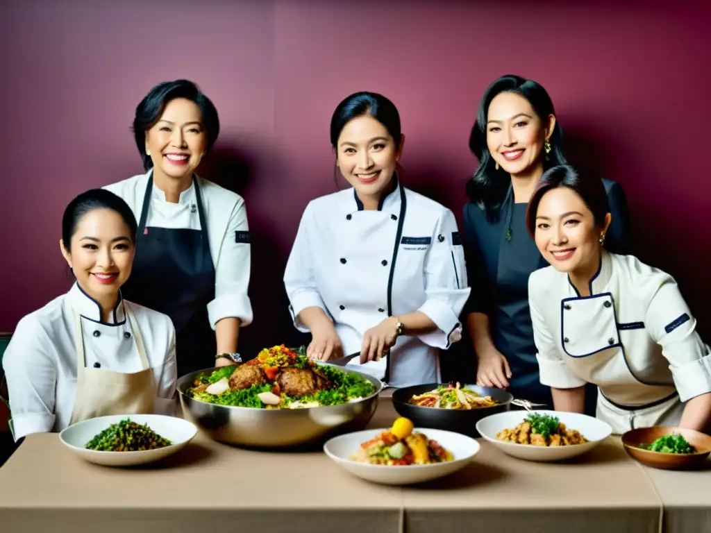 Grupo de chefs celebridades mujeres culinaria asiática disfrutan de una comida variada y conversación animada en una escena documental de alta resolución