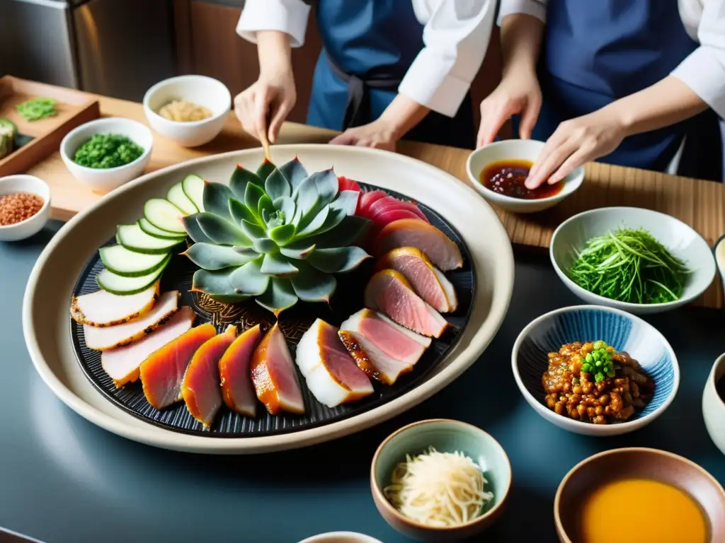 Un grupo de chefs coreanos prepara meticulosamente un delicioso plato de bossam, mostrando la rica herencia cultural y tradiciones culinarias de Corea