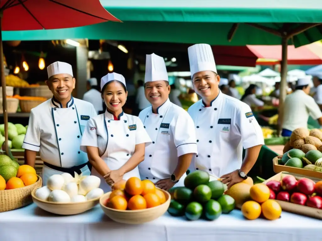 Un grupo de chefs filipinos en un animado mercado al aire libre, destacando la rica herencia culinaria de Filipinas