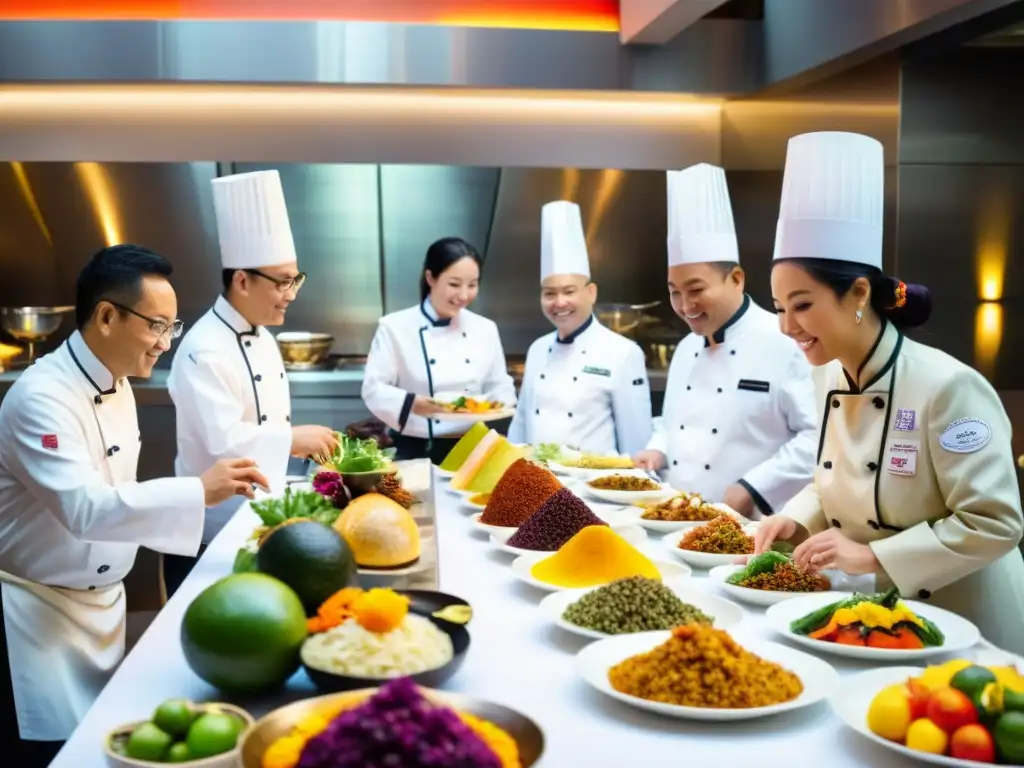 Un grupo de chefs premiados de Asia en una elegante mesa, degustando platos coloridos y discutiendo en una cocina bulliciosa