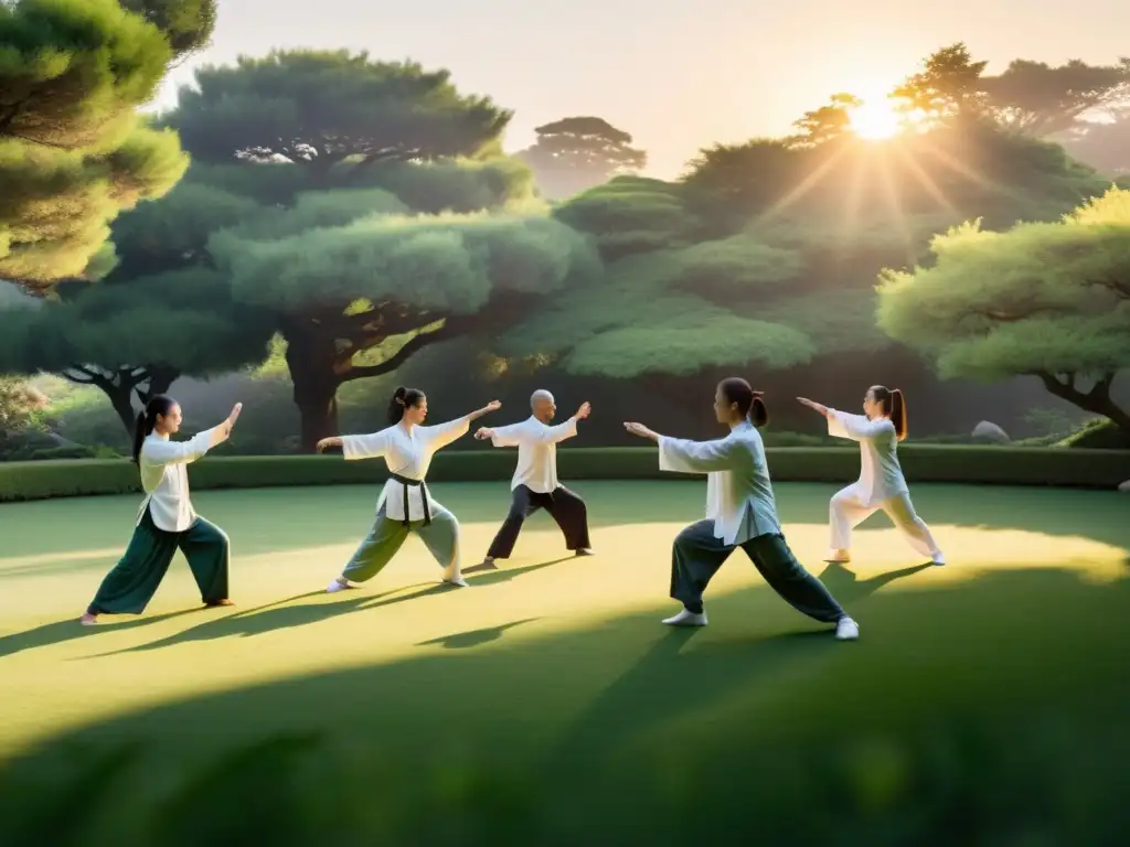 Grupo practicando Tai Chi al amanecer en un jardín sereno, disfrutando de los beneficios del Qi Gong en la atmósfera tranquila y armoniosa