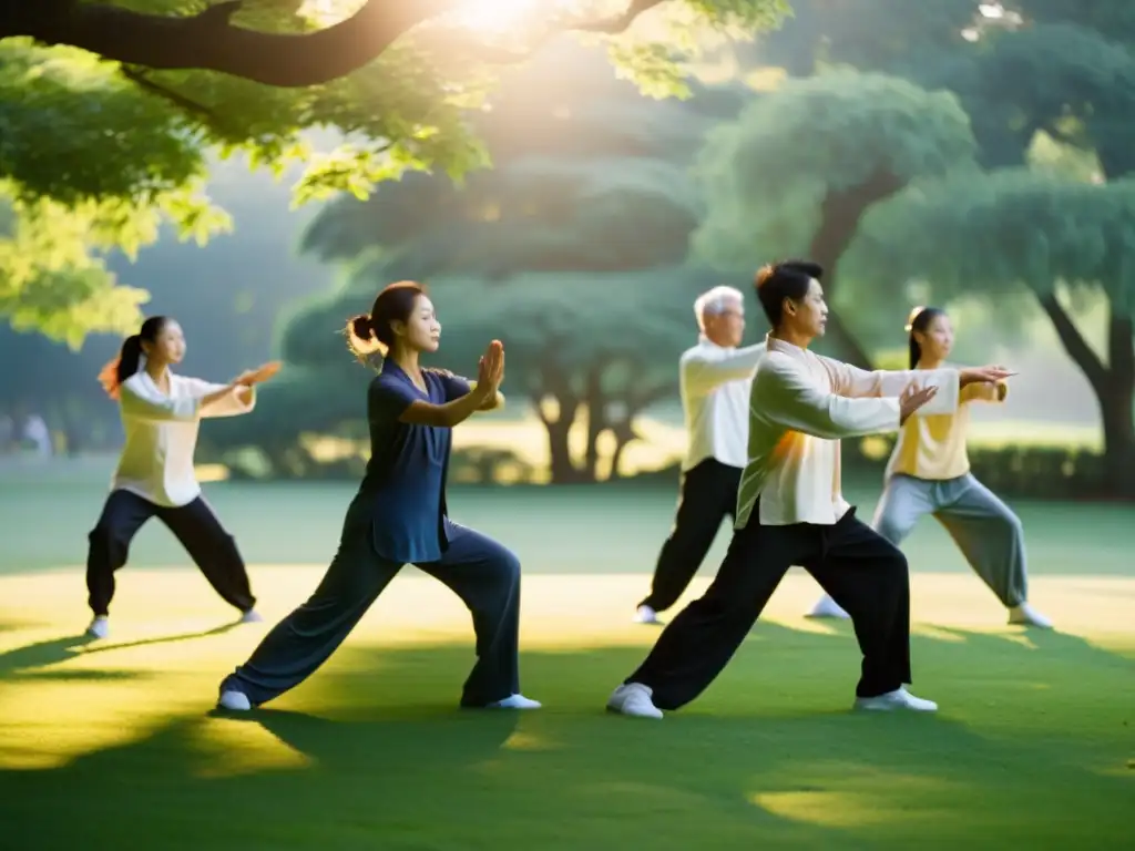 Grupo practicando Tai Chi al amanecer en un parque tranquilo