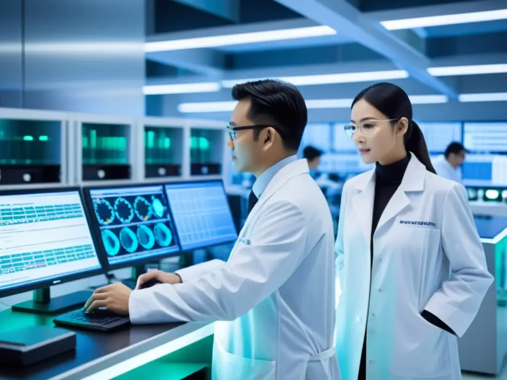 Grupo de científicos en laboratorio de biotecnología en Asia, realizando experimentos con equipamiento avanzado y monitores mostrando datos genéticos