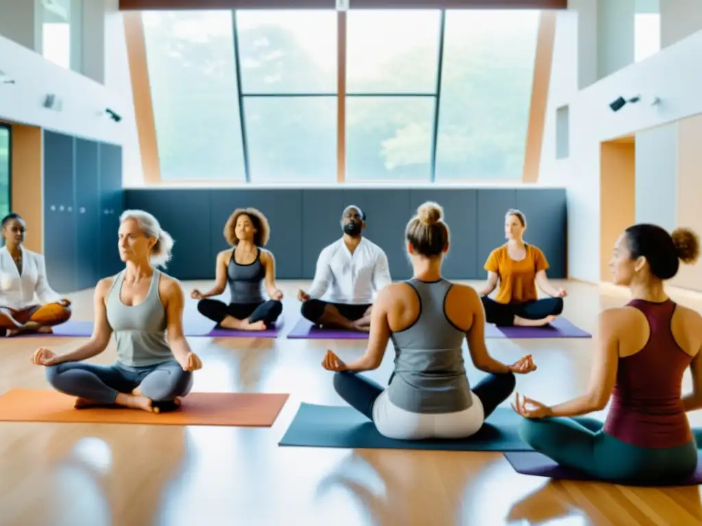 Un grupo de científicos y practicantes de yoga en un laboratorio moderno, fusionando ciencia y yoga en un ambiente contemporáneo