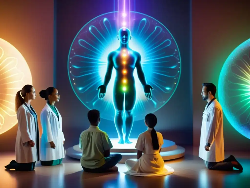 Un grupo de científicos y sanadores se reúnen alrededor de un holograma del cuerpo humano con chakras iluminados, integrando chakras en salud integral