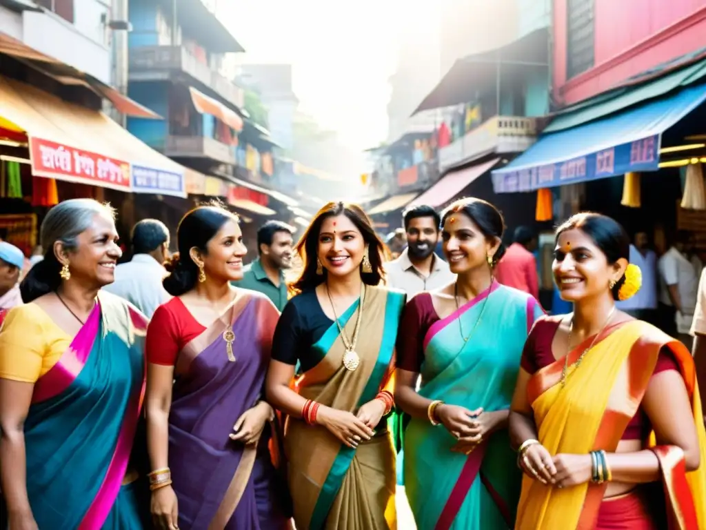 Un grupo de cineastas y actores indios frente a una bulliciosa calle de Mumbai, rodeados de saris coloridos y puestos de mercado